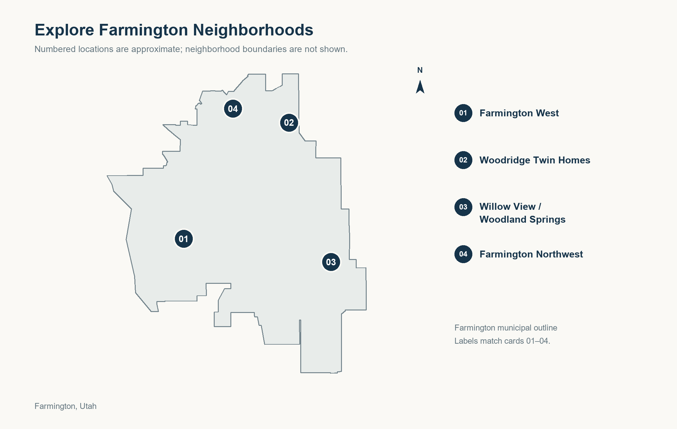 Map showing the four Farmington neighborhood areas featured in the neighborhood cards.