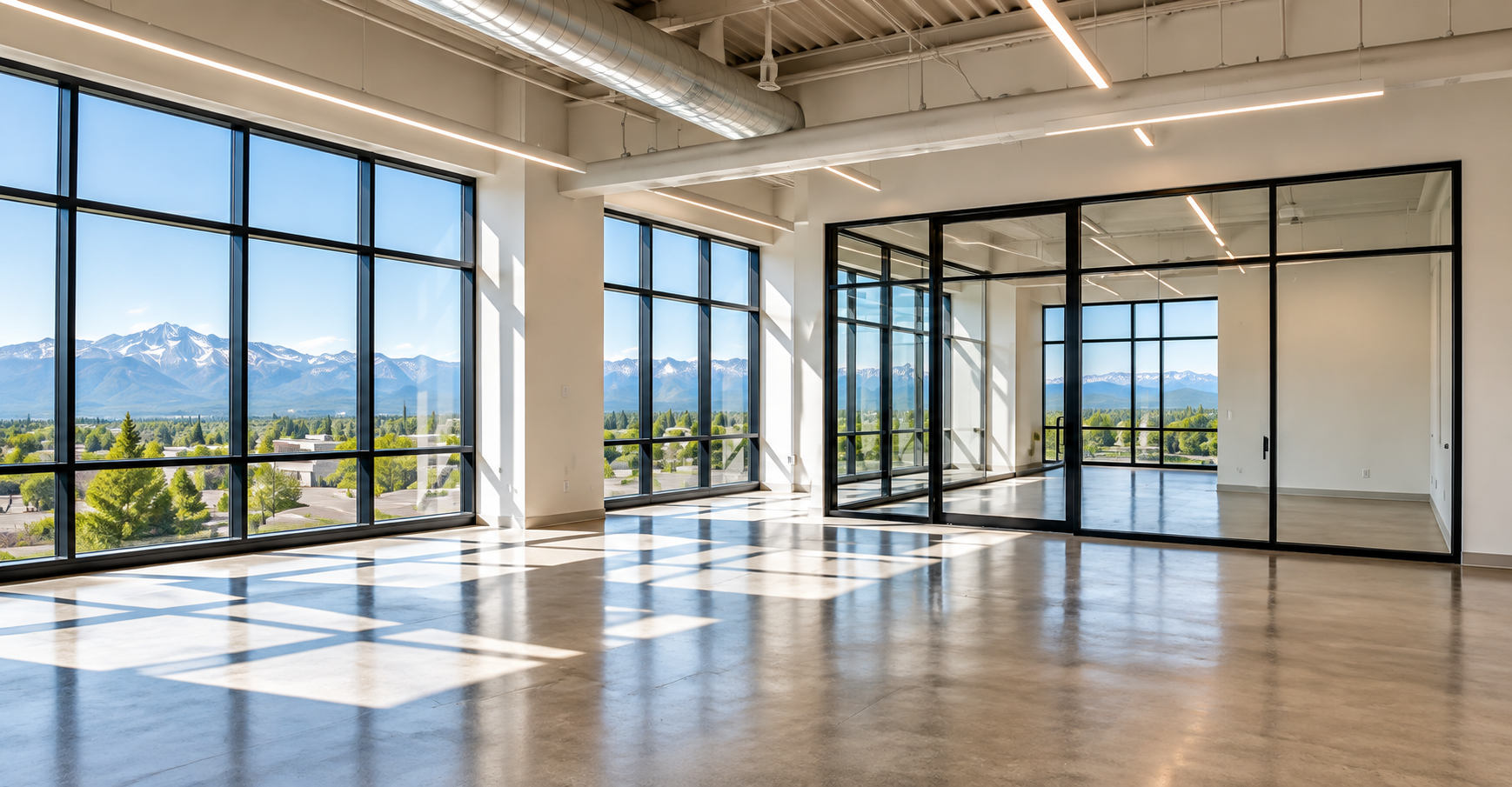 Bright empty commercial office with large windows and glass partitions