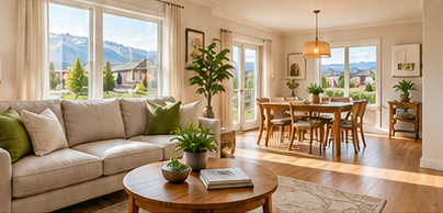 Bright living room and dining area with mountain views