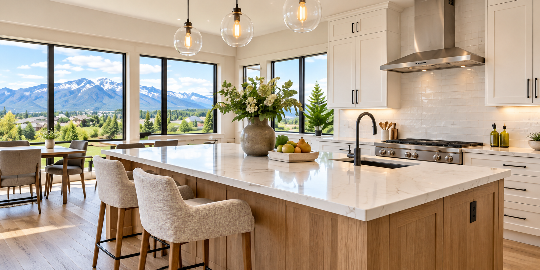 Bright kitchen with an island and mountain-facing windows