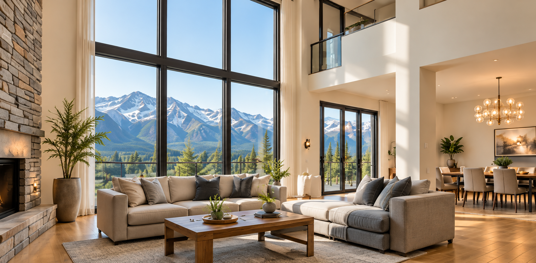 Double-height living room with mountain-facing windows