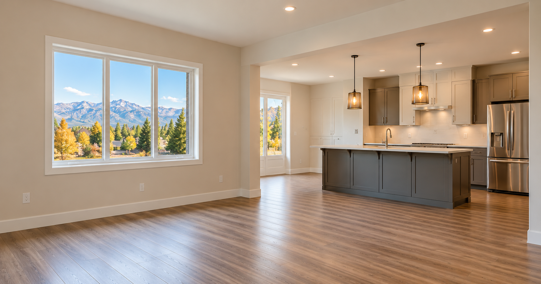 Empty refreshed living room opening into a kitchen